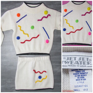 Vtg 80's Jet Set 2 pc Sweater & Skirt Set S 4/5 USA White Pom Poms & Squiggles